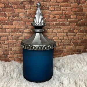 Blue Frosted Glass Jar Candle Holder with Pewter Apothecary Style Lid